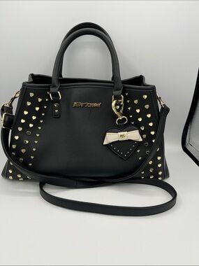 Betsey Johnson Black Satchel with Gold Heart Studs and Heart Charm with mirror